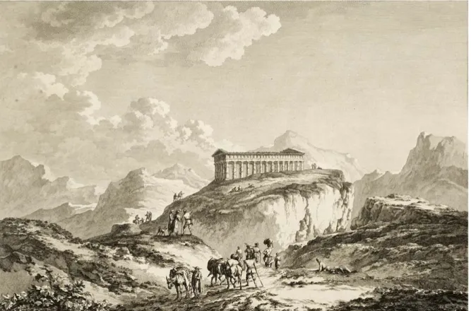 Figura 3. Claude-Louis Châtelet, Vuë du Site général et des Environs du Temple de Segeste, incisionedi di Jacques-Joseph  Coiny, Emmanuel-Jean-Nepomucène de Ghendt (Saint-Non 1781-1786, IV.I, 1785, n