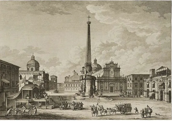 Figura 11. Louis-Jean Desprez, Vuë de la place de l’Obelisque a Catane, incisione di Jean Duplessi-Bertaux, Emmanuel- Emmanuel-Jean-Nepomucène de Ghendt (Saint-Non 1781-1786, vol