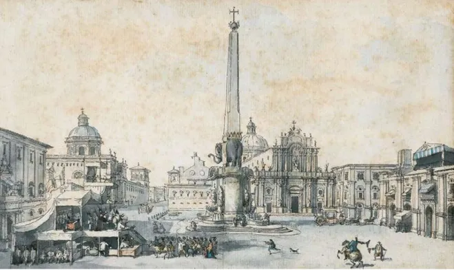 Figura 12. Louis-Jean Desprez, Veduta della piazza dell’Obelisco a Catania, disegno preparatorio per l’incisione, penna e  inchiostro, acquerello, 14,5 x 25 cm