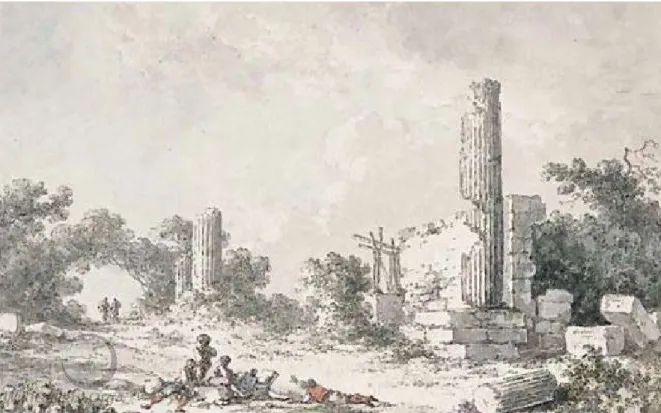 Figura 12. Claude-Louis Châtelet, veduta delle rovine del Tempio di Castore e Polluce ad Agrigento, disegno esecutivo per  l’incisione (con cambiamenti nella disposizione delle figure), matita, penna e inchiostro marrone, acquerello