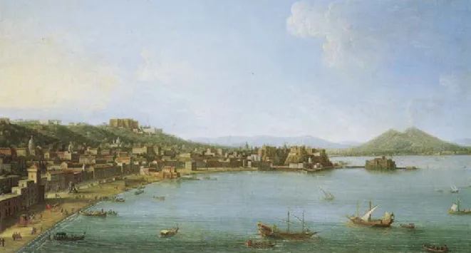 Figura 14. Antonio Joli, Napoli da occidente, 1760-1765 ca., olio su tela. Roma, Galleria Gasparrini (da all’ombra del  Vesuvio 1990).