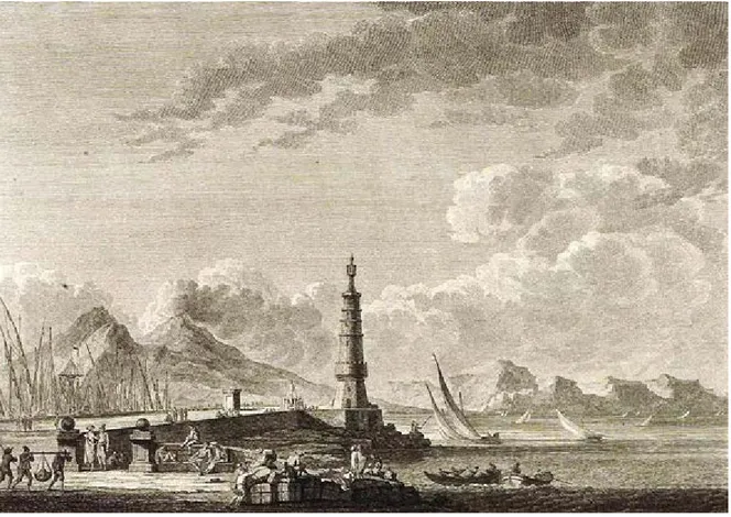 Figura 15. Claude-Louis Châtelet, Vue du Mosle de Naples ou Fort de la Lanterne, incisione di Bénédict-Alphonse Nicolet  (Saint-Non 1781-1786, I, 1781, n