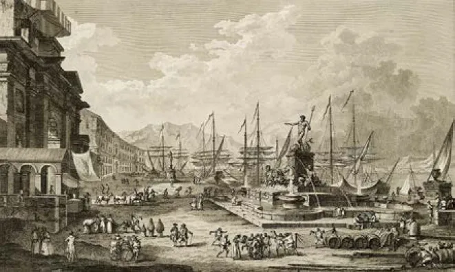 Figura 1. Louis-Jean Desprez, Vuë perspective du Port de Messine, incisione di Jean Duplessi- Berteaux, François  Dequauviller (Saint-Non 1781-1786, IV.I, 1785, n