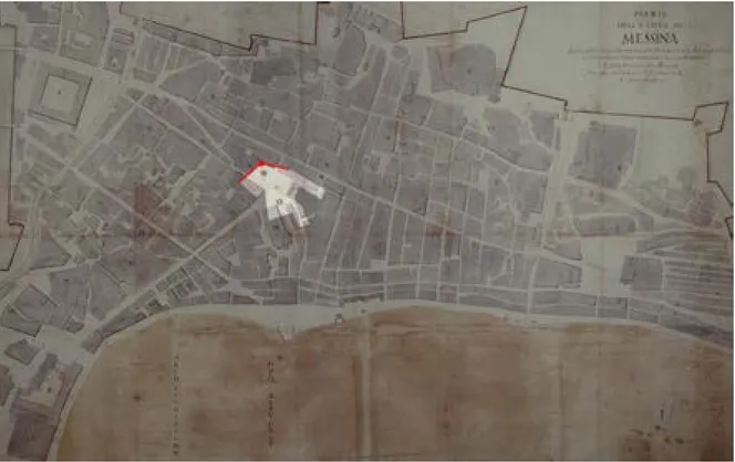 Figura 14. Stazione ottica utilizzata da Desprez per la veduta di cui alle figure 9-11 (individuata sulla Pianta della città di  Messina di Gianfrancesco Arena del 1784: Aricò 1988).