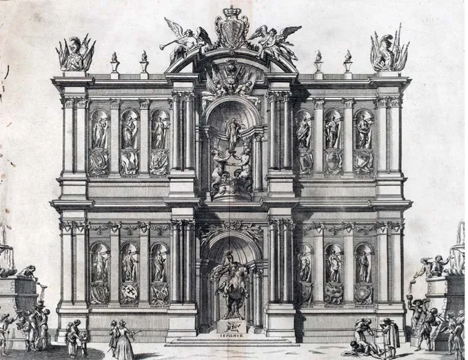 Figure 9. Francisco Preciado de la Vega, Le Terre del Regno di Napoli, second macchina for the Chinea of 1746, etching by  Miguel Sorellò, 39,6 x 45,1 cm
