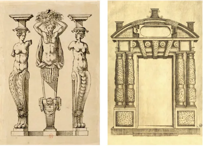 Da sinistra, figura 11. Jacques Androuet du Cerceau, terme e cariatidi (da ANDROUET DU CERCEAU s.d., tav