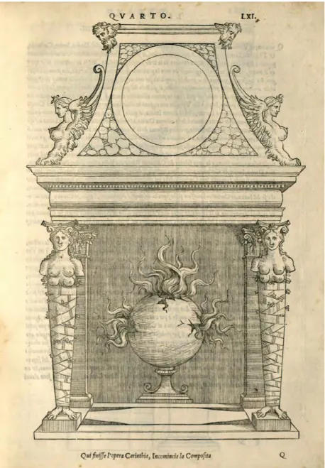 Figura 3. Sebastiano Serlio, camino  con granata svampante, xilografia  (da SERLIO 1537, p