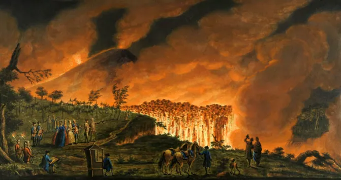 Figura 5. Pietro Fabris, Veduta di un fiume di lava sceso dal Vesuvio verso Resina la sera dell’11 maggio 1771, acquaforte  acquerellata (da Hamilton 1779, tav