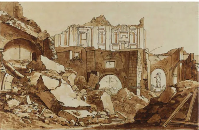 Figura 10. Henry Tresham, The Devastation of the Earthquake at Messina, Sicily: The Palazzata, matita, penna, inchiostro e  acquerello