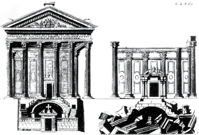 Figura 1. Arcangelo Guglielmelli, facciata della chiesa di San Paolo Maggiore prima e dopo il crollo del 1688, incisione (da  Celano 1692, Giornata Seconda, p
