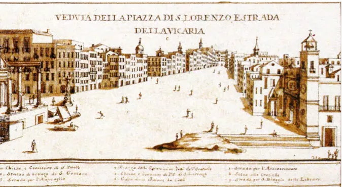 Figura 2. Francesco Cassiano de Silva, Veduta della Piazza di S. Lorenzo e Strada della Vicaria, fine XVII secolo, penna, inchiostro  marrone e acquerello