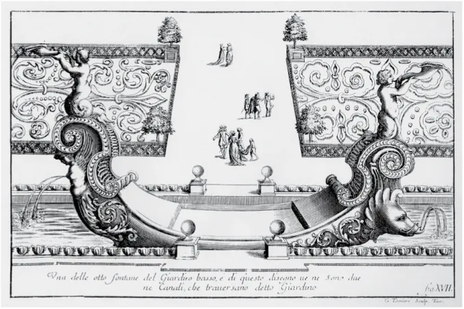 Figura 4. Georges Tasnière, su disegno di Gian Francesco Baroncelli, Una delle otto fontane del giardino basso […] nei  giardini di Venaria Reale (da Di Castellamonte 1674, ma 1679, tav