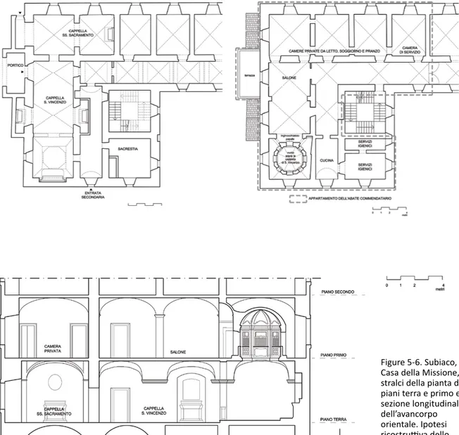 Figure 5-6. Subiaco,  Casa della Missione,  stralci della pianta dei  piani terra e primo e  sezione longitudinale  dell’avancorpo  orientale