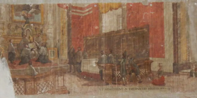 Figura 14. Subiaco, Casa della Missione, appartamento del commendatario, affresco di Liborio Coccetti raffigurante l’interno  della cappella di San Vincenzo de’ Paoli (foto I
