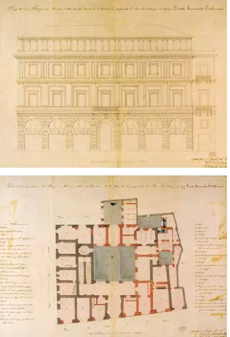 Figura 8. Anonimo, palazzo Alberini,  progetto di accorpamento al nucleo  originario di tre edifici contigui,  prospetto, penna e inchiostro nero  (http://www.dipsuwebgis.uniroma3.