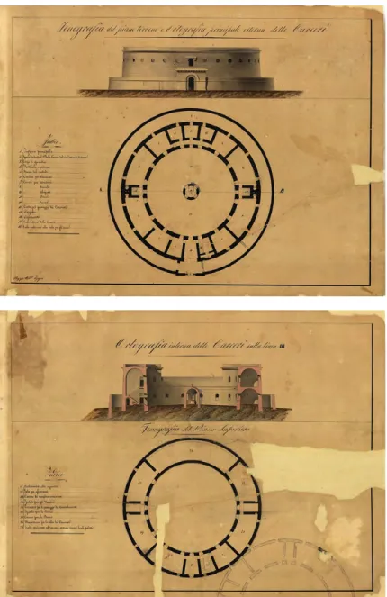 Figura 7. Enrico Marchesi, progetto del  carcere La Rotonda a Nuoro, 1838, pianta  del piano terreno e prospetto principale,  penna, inchiostro nero e acquerello
