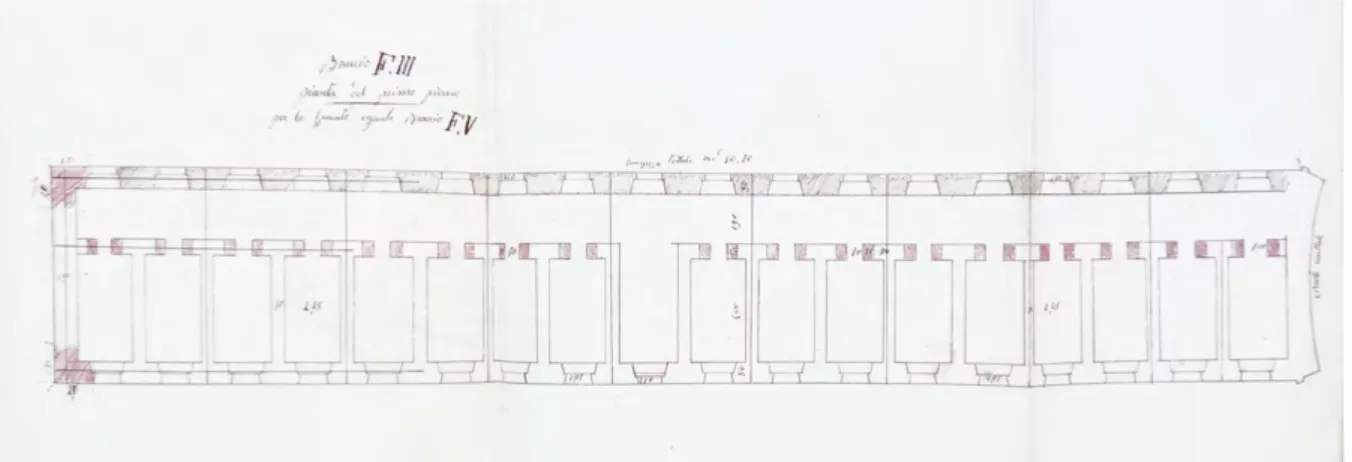 Figura 13. Carcere di San Sebastiano a Sassari, pianta del primo piano del Braccio F. III, 1866, penna e inchiostro nero e  rosso