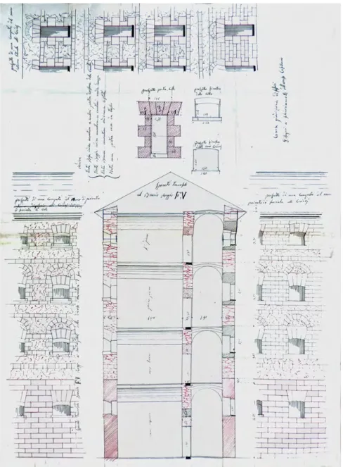 Figura 14. Carcere di San  Sebastiano a Sassari, Spaccato  trasversale al Braccio Raggio F.V,  1866, penna, inchiostro nero  e rosso