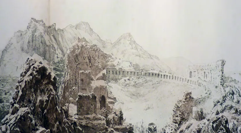 Figura 3. Taormina, veduta dei resti del Teatro inseriti nel paesaggio,  particolare (da Compositions et dessins de Viollet-le-Duc 1884)