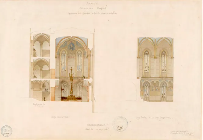 Figure 11. E.E. Viollet-le-Duc, Avignon. Palais des Papes. Appropriation de la grande salle du sud-est au service de la  cathédrale, Août 1860 (Paris, MAP, inv