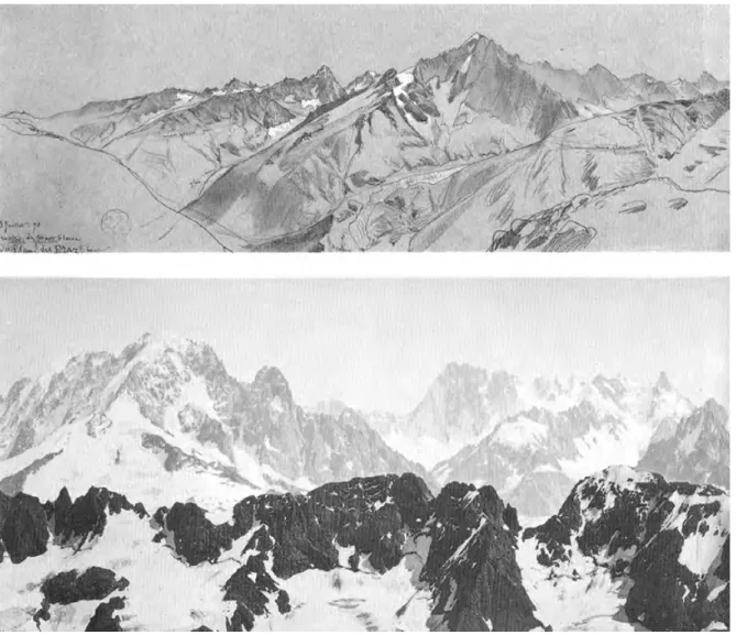 Figura 1a. In alto, E.E. Viollet-le-Duc, Massiccio del Monte Bianco, 23 luglio 1870. Panorama del Massiccio del Monte Bianco,  preso da Plan-Praz, sotto il Brévent (da FREY 1988, p