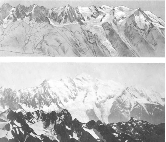 Figura 1b. In alto, E.E. Viollet-le-Duc, Massiccio del Monte Bianco, 23 luglio 1870. Panorama del Massiccio del Monte Bianco,  preso da Plan-Praz, sotto il Brévent (da FREY 1988, p