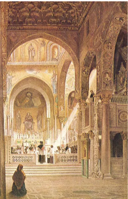 Figura 15. E.E. Viollet-le-Duc, interno della  cappella del palazzo reale di Palermo,  acquerello, 1836 (da Le voyage d'Italie  1980, p