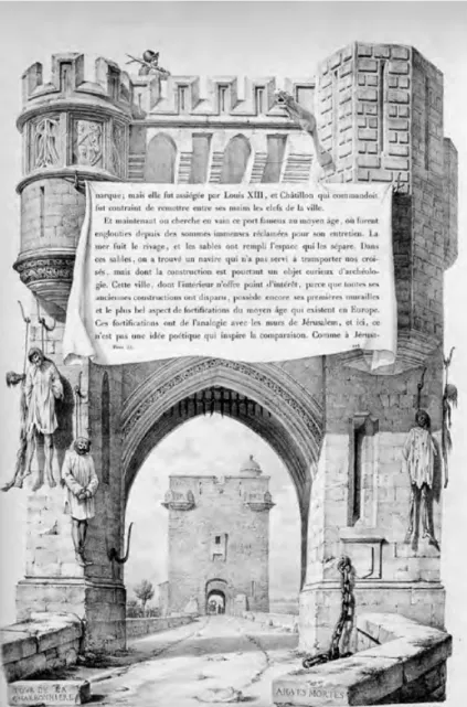 Figura 5. E.E. Viollet-le-Duc, litografia  della porta e della torre del carbone  della città di Aigues-Mortes (da  Voyages pittoresques et romantiques  dans l’ancienne France, par MM