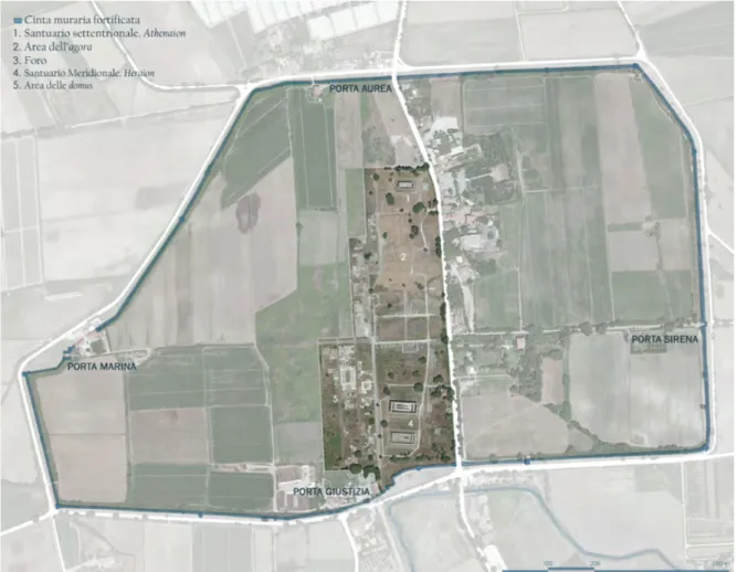 Figura 1. Paestum, vista aerea dell’area archeologica (elaborazione grafica S. Pollone).