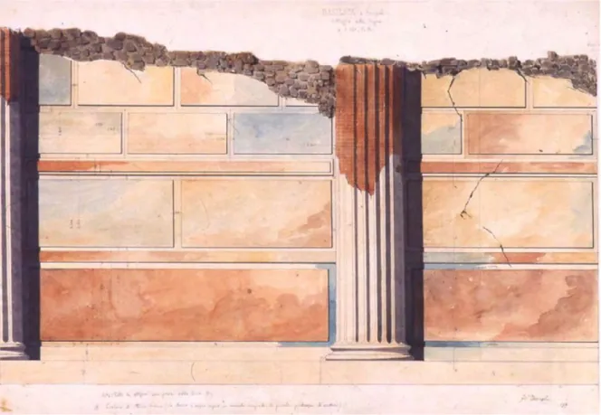 Figura 3. F. Travaglini, Basilica a Pompei. Dettaglio delle bugne, Pompei 1839. Il disegno costituisce un esempio di rilievo  en plein air in cui si rilevano i monumenti non solo gli aspetti formali ma anche le tecniche, i materiali costruttivi, nonché  il
