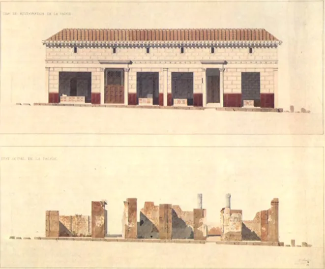 Figura 15. A.-N. Normand, Casa del Fauno, facciata principale, stato attuale e restauro, 1850 (da Brunel, Martinez 1980).