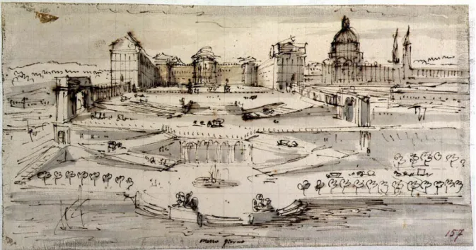 Figura 1. Filippo Juvarra, progetto per il palazzo reale e la chiesa patriarcale a Lisbona, 1719, prospettiva verso sud, penna,  inchiostro marrone e acquerello