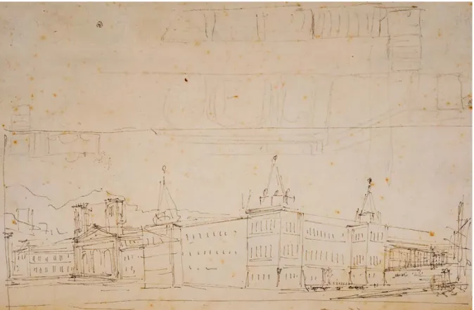 Figura 1. Filippo Juvarra, prospettiva del nuovo palazzo reale, chiesa e palazzo patriarcali nella Ribeira a Lisbona, 1719, BNT,  Ris