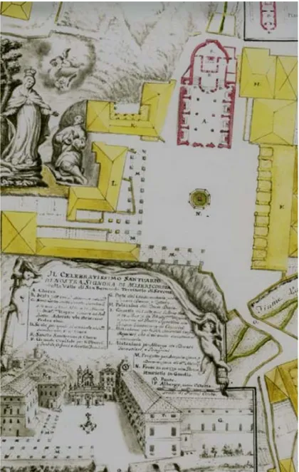 Figura 2. Planimetria e rappresentazione  prospettica del santuario di Savona con i  suoi annessi, 1773 c