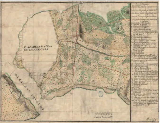 Figura 1. Bruno Caballero. Planta Geohidrográfica de la plaza de la Habana, en que se demuestra todo el frente de la  muralla parte de tierra i la costa del mar y de la habya hasta la distancia de 850 tuezas de la puerta de la muralla y todo el  terreno en