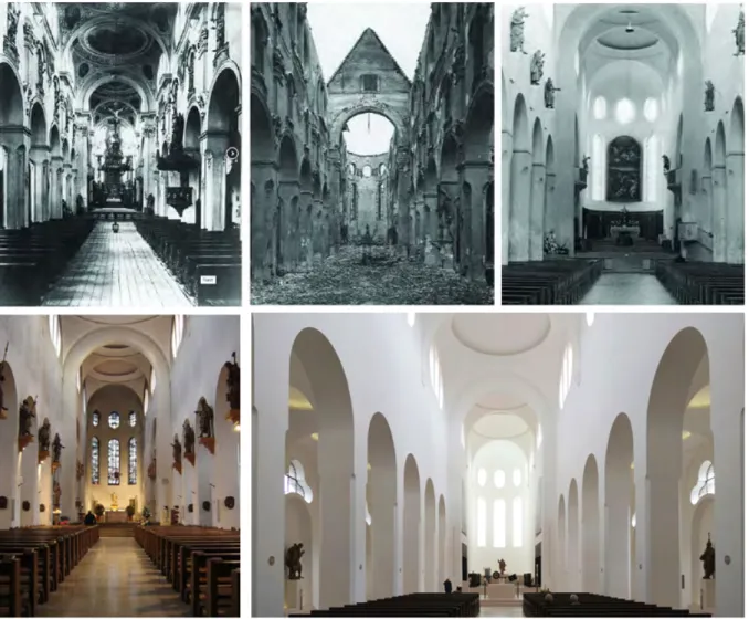 Figura  11.  Moritzkirche  ad  Augusta,  in  Germania:  veduta  della  chiesa  rispettivamente  nel  1714,  nel  1944,  nel  1946,  nel  2007 e nel 2016