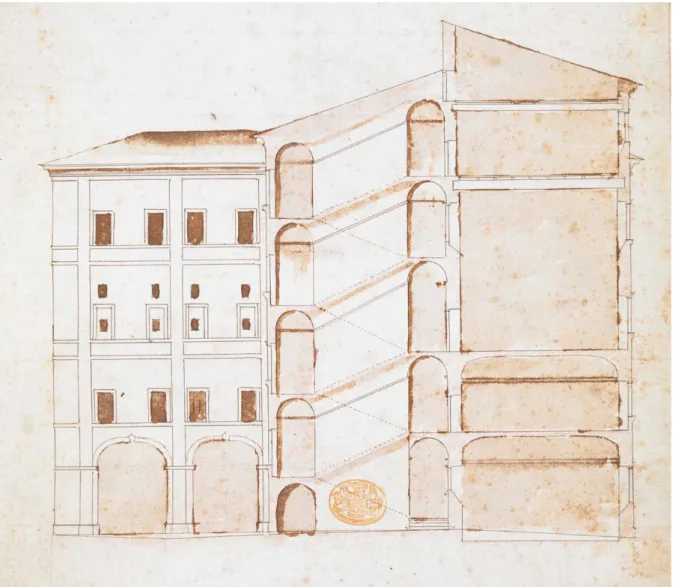 Figura 9. Carlo Fontana. Progetto per il Collegio Tolomei a Siena: sezione trasversale (© The British Library Board