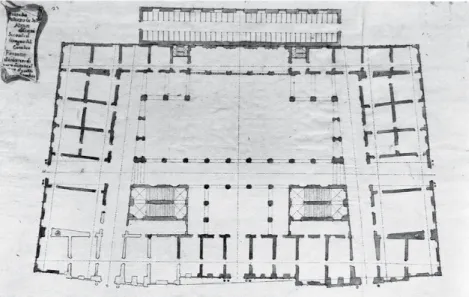 Figura 13. Carlo Fontana. Progetto  per palazzo Altieri a Roma: pianta  del piano terreno, 1671 circa (da  Spagnesi 1991, p