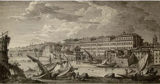 Figura 16. Giuseppe Vasi, Porto di Ripa Grande (1745-1746). Incisione all’acquaforte. Sullo sfondo si vede «l’Ospicio Aplico di  S