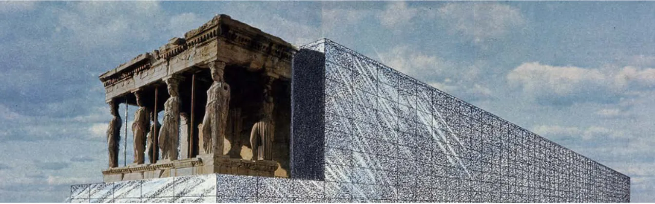 Figura 18. Superstudio, Monumento Continuo, 1969-70. Fotomontaggio: veduta con la loggia delle Cariatidi, Atene (Archivio  Toraldo  di  Francia,  Filottrano,  Ancona)