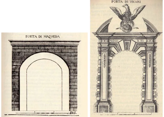 Figure 5-6. Vedute di Porta di Maqueda (già Cardines) e Porta di Vicari (già Manriques), incisioni (da Mongitore 1732).