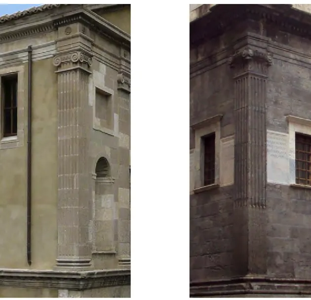 Figure 8-9. Particolare delle paraste d’angolo ioniche nella chiesa di San Michele a Vibo Valentia e nella Cappella Pontano a  Napoli.