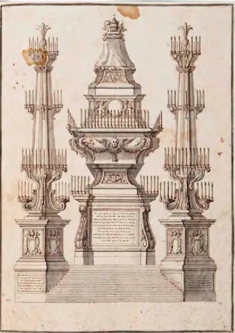 Figura 3. Album di disegni  d’architettura, f. 98r (lotto 97),  Mattia De Rossi, progetto del  catafalco per le esequie di  Alessandro VIII in San Pietro   (Leclere Maison de ventes,  Marseille 2012).