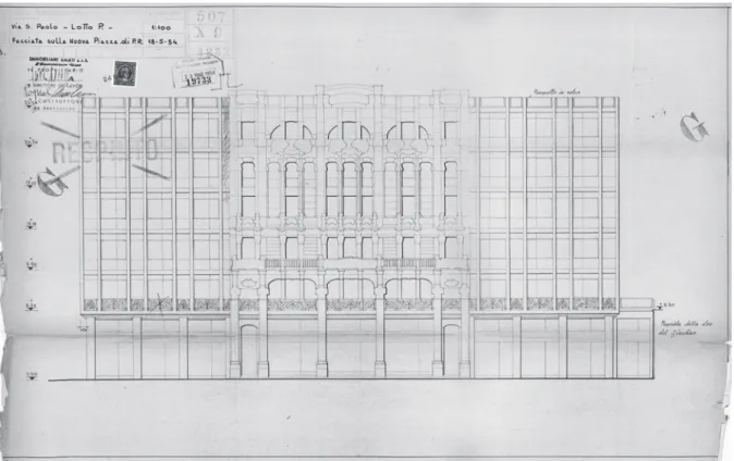 Figura 9. Edificio di via San Paolo, 8. Progetto della facciata sulla nuova piazza di Piano regolatore presentato il 28 maggio  1954 (ASCMi, Atti di fabbrica, 176528/1960).