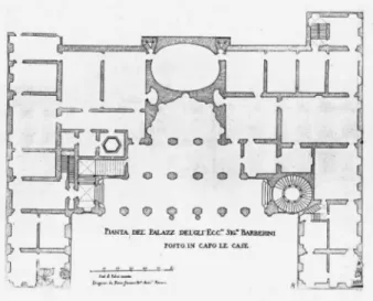 Biblioteca Apostolica Vaticana, Vat. Lat. 11258, c. 218; figura 15. Progetto accademico di ambito barberiniano, già identificato da  Wittkower come progetto cortoniano per palazzo Barberini (restituzione grafica; vedi disegno originale in Wittkower 1958)