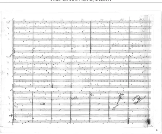 Figura 3 – Lo schizzo di Grisey con lo schema delle permutazioni   dei neumi fondamentali impiegati nella sezione D di Modulations