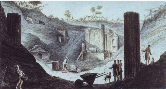 Figura  2.  Viaggiatori  visitano  Pompei  all'epoca  delle  prime  esplorazioni  (quadro  di  Pietro  Fabris,  Scavi nel tempio di Iside)