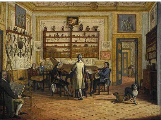 Figura  7.  Lord  Hamilton  suona  il  violino  accompagnato  da  Leopold  e  Wolgang  Amadeus  Mozart  (quadro di Pietro Fabris, L'interno della casa napoletana di Lord Fortrose)