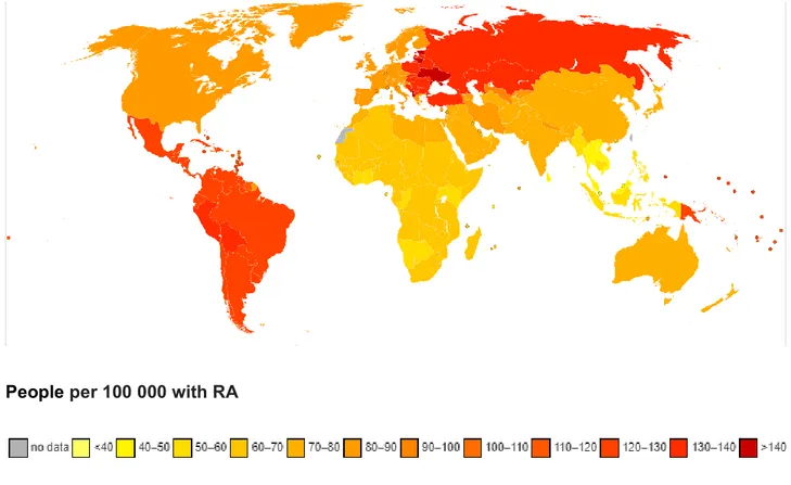 Fig. 1: Global prevalence of RA  https://www.who.int/healthinfo/global_burden_disease/estimates_country/en/