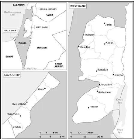 Figura 5: Confronto percentuali di superficie di Israele, Cisgiordania, Striscia di Gaza